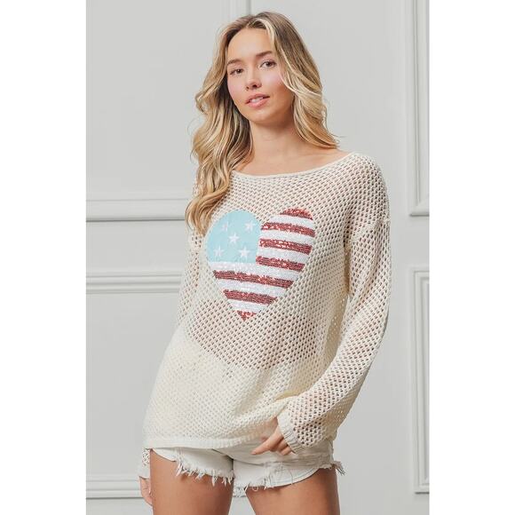 BiBi Sequin Detail American Flag Heart Patch Open Knit Cover Up Top | Off White - Picture 9 of 11